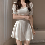 Women Dresses Square Collar Dress Short Skirt Casual