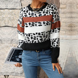 Women Knitted Sweater Casual Leopard Print Long Sleeve Sweater