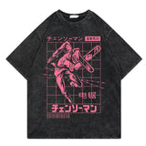 Washed retro T-shirt, chainsaw man cartoon print casual short sleeves