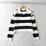 Women Sweater Knitwear Autumn and Winter Loose Striped Sweater Women's Casual Long-Sleeved Polo Top
