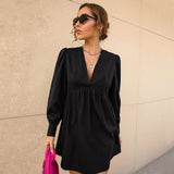 Women Dress Spring and Summer Sexy V-neck Puff Sleeve Long Sleeve Dress