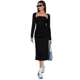 Women Dress Fall/Winter Hip-Wrapped Mid-Length Dress Sexy Long Sleeve Two-Piece Set Dress