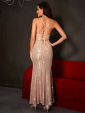Women Evening Gown Sexy Backless Spaghetti Straps Sequins Dress