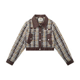 Women Jacket Houndstooth Fall Lapels Long Sleeve Stitching Leather Coat