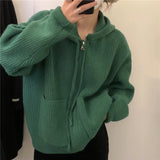 Women Knitted Cardigan Retro Hooded Cardigan Sweater Zipper Knitted Coat