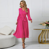 Women Date Dress Sexy V-neck Bubble Lantern Sleeve Pleated Skirt