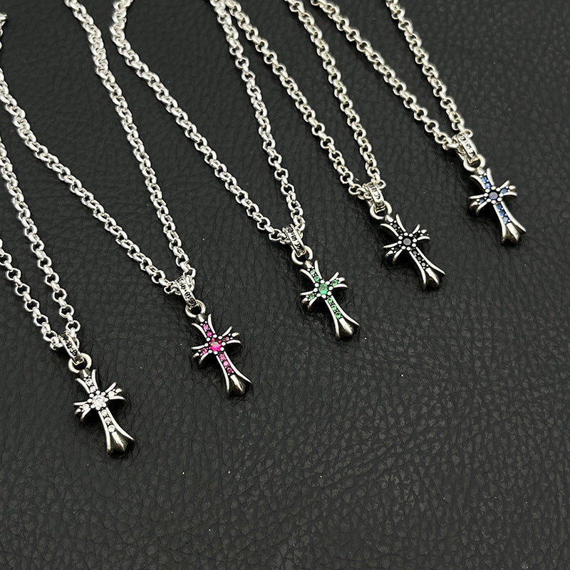 Chrome Hearts Necklace Vintage Cross Men's and Women's Colored Diamond Pendant