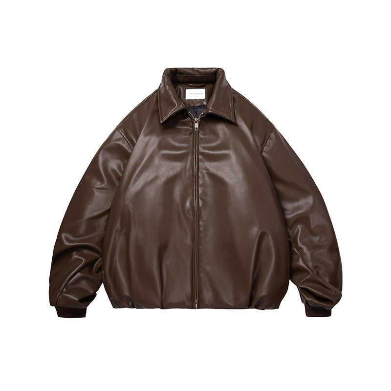 Unisex Winter Cotton Coat Lapel Leather Cotton Jacket Retro Loose PU Leather Coat