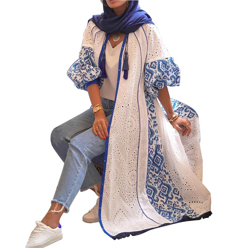 Women Trench Coat Summer Cardigan Lantern Sleeve Printed Long Shirt