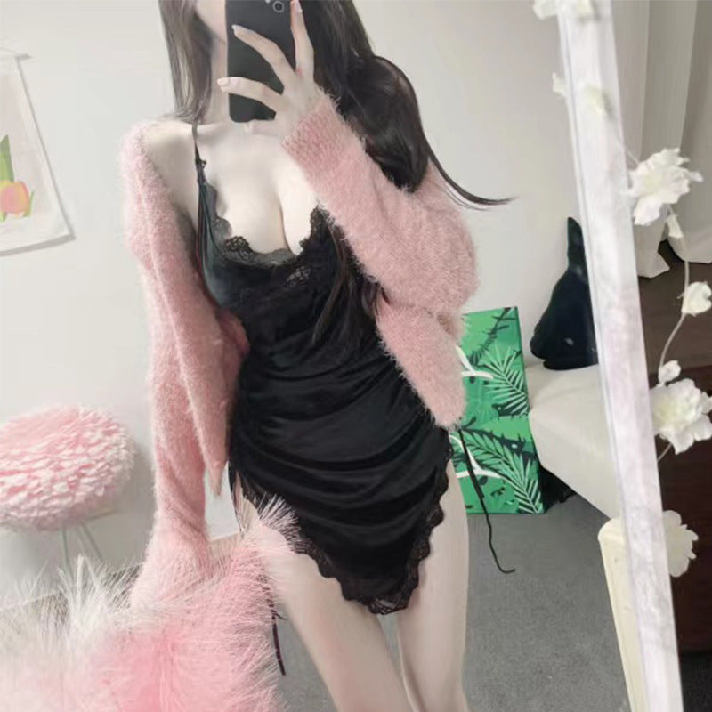 Women Dresses V-neck Brace Lace Skirt Skirt