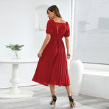 Women Date Dress Summer V-neck Puff Sleeve Lace-up Pleated Dress