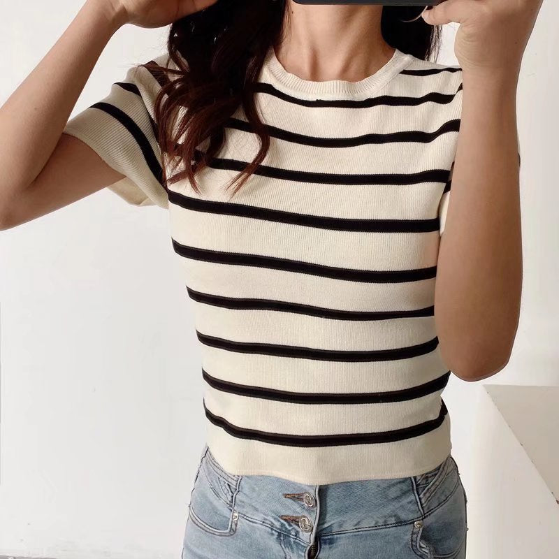 Women Sweater Knitwear Spring round Neck T-shirt Shory Style Ice Silk Pullover Knitwear T-shirt Top