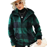 Women Trench Coat Women's Autumn and Winter Clothing Long Sleeve Stand Collar Plaid Printed Long Zipper Double-Sided Plush Coat