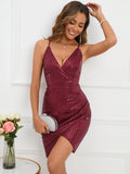 Women Evening Gown Sexy Backless Retro Spaghetti Straps Sequins Dress