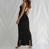 Women Knit Beach Cover Sun-Proof Beach Dress Hollow out Strap Long Dress with Tassel