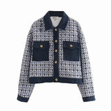 Women Jacket Autumn and Winter Loose Short Woolen Diamond Contrast Color Jacket