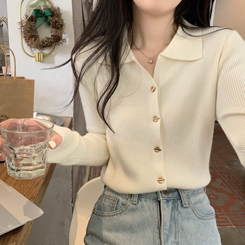 Women Knitted Cardigan Spring and Autumn Polo Collar Sweaters Cardigan