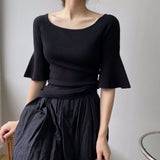 Women Knitted T-shirt Bell Sleeve Solid Color T-shirt Summer round Neck Top
