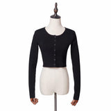 Women Sweater Knitwear Autumn Retro Crew Neck Front Row Buckle Slim Fit Short Knitted Cardigan Top