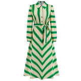 Women Date Dress Autumn and Winter Striped Printed Buttons Cinched Blouse Dress