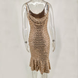 Women Evening Gown Sexy Backless Retro Spaghetti Straps Sequins Dress
