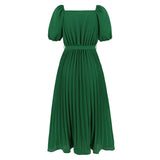 Women Date Dress Summer V-neck Puff Sleeve Lace-up Pleated Dress