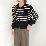 Women Knitwear Autumn round Neck Striped Sweater Vintage Loose Knitted Cardigan