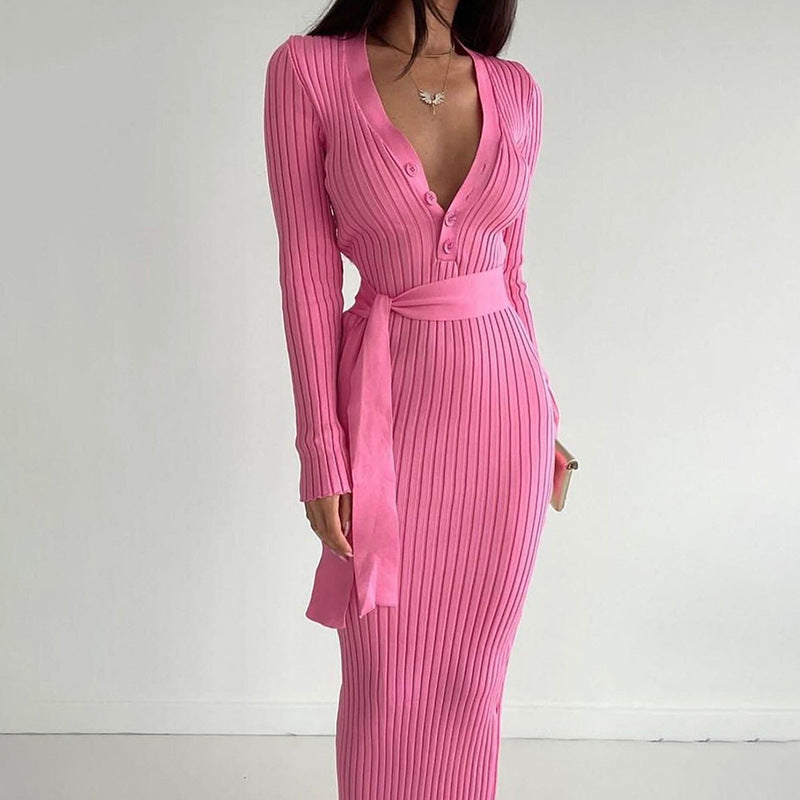 Women Dresses Knitted Sexy V-neck Long Sleeve Dress Slim Fit Long Dress