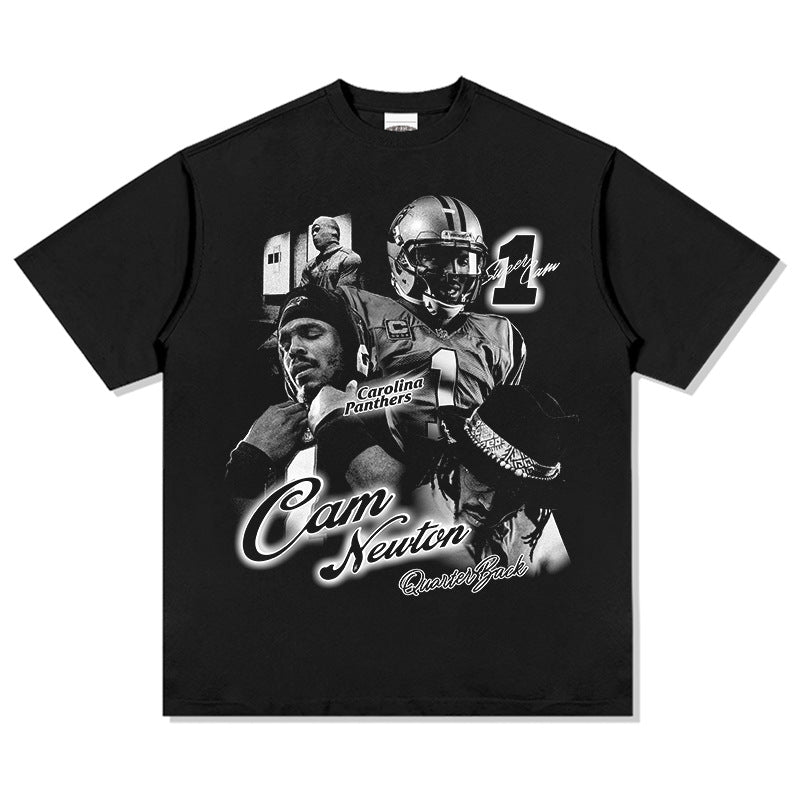 Mens Vintage baseball T-Shirt CamNewton rugby vintage print short sleeve loose t-shirt