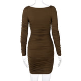 Women Dresses Spring Summer Slim-Fit Long Sleeve Pleated Solid Color Dress