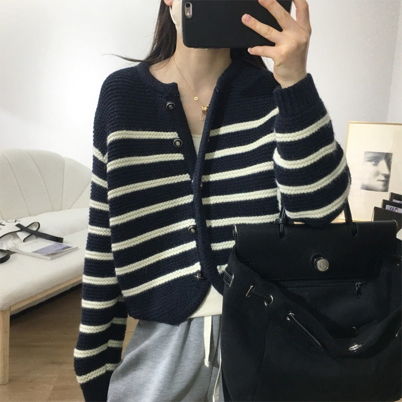 Women Knitwear Autumn and Winter Striped round Neck Sweater Loose Knitted Cardigan