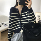 Women Knitwear Autumn and Winter Striped round Neck Sweater Loose Knitted Cardigan