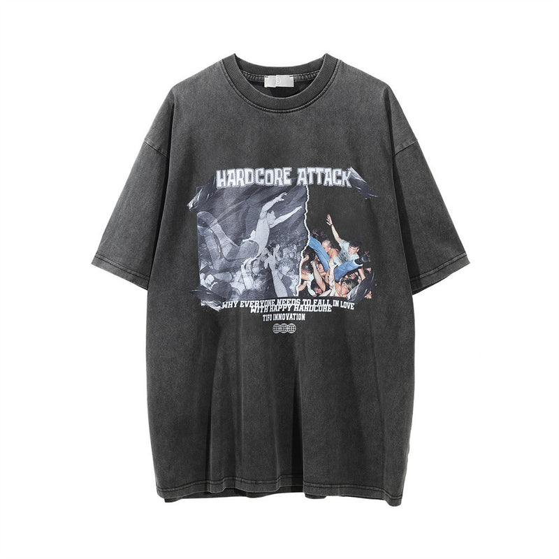 Men Vintage T-Shirt Crowd Print Distressed round Neck Short Sleeve T-shirt
