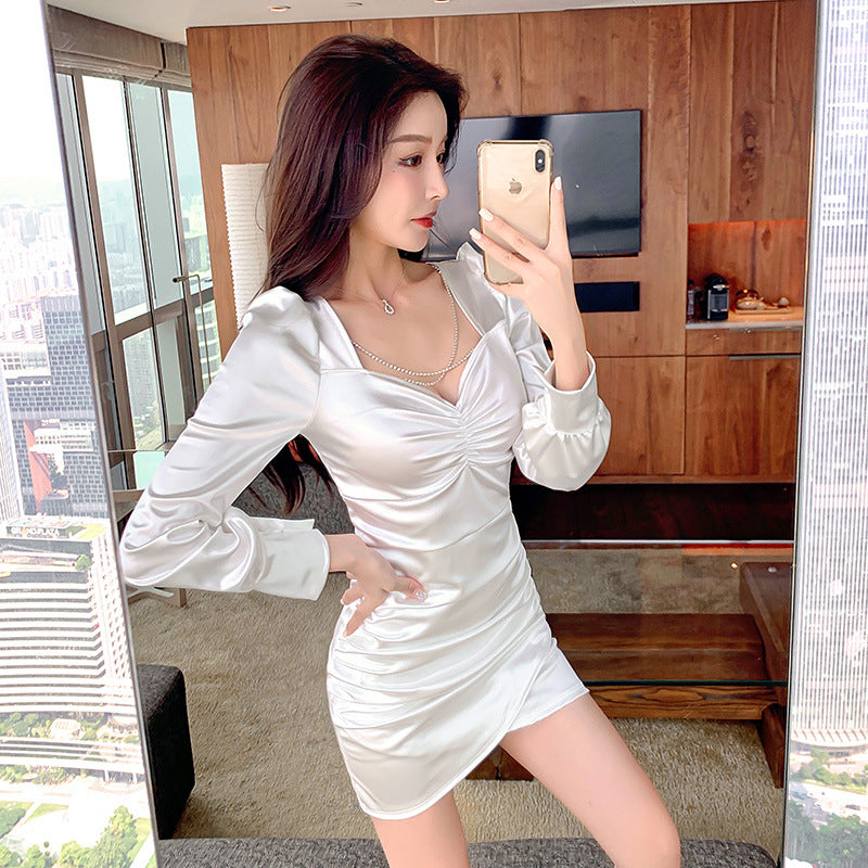 Women Maxi Dress Spring and Autumn Sexy V-neck Hollow Puff Sleeve Dress