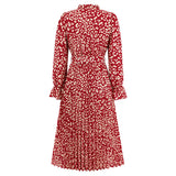 Women Date Dress Leopard Print Stud for Autumn and Winter Stand Collar Long Sleeve Dress Pleated Dress