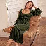 Women Dress Autumn Winter Retro Slim Fit Square Collar Long Sleeve Velvet Dress