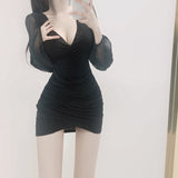 Women Dresses Collar Lace Puff Sleeve Dress Long Sleeve Sexy Pleated Hip Skirt