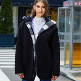 Women Trench Coat Autumn and Winter Loose Thermal Plaid Buckle-Free Cardigan Hooded Double-Sided Plush Coat