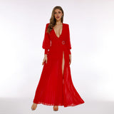 Women Dresses Sexy Slit Lantern Sleeve V-neck Dress Long Dress Evening Dress (Zns0409)