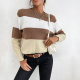 Women Knitted Sweater Autumn Leisure Color Block Long Sleeve Crew Neck Sweater