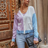 Women Knitted Sweater Autumn Leisure Women's Jacket Long-Sleeved Color Matching Sweater