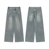 Men Jeans Cross Embroidered Washed Straight Jeans