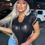 Women T-shirt Summer round Neck Short Sleeves Short Letters Bare Midriff Slim Fit T-shirt