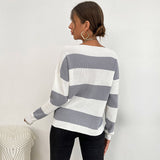 Women Knitted Sweater Season Casual Long Sleeve V-neck Striped Sweater