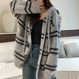 Women Knitwear Autumn and Winter Striped Hooded Sweater Coat