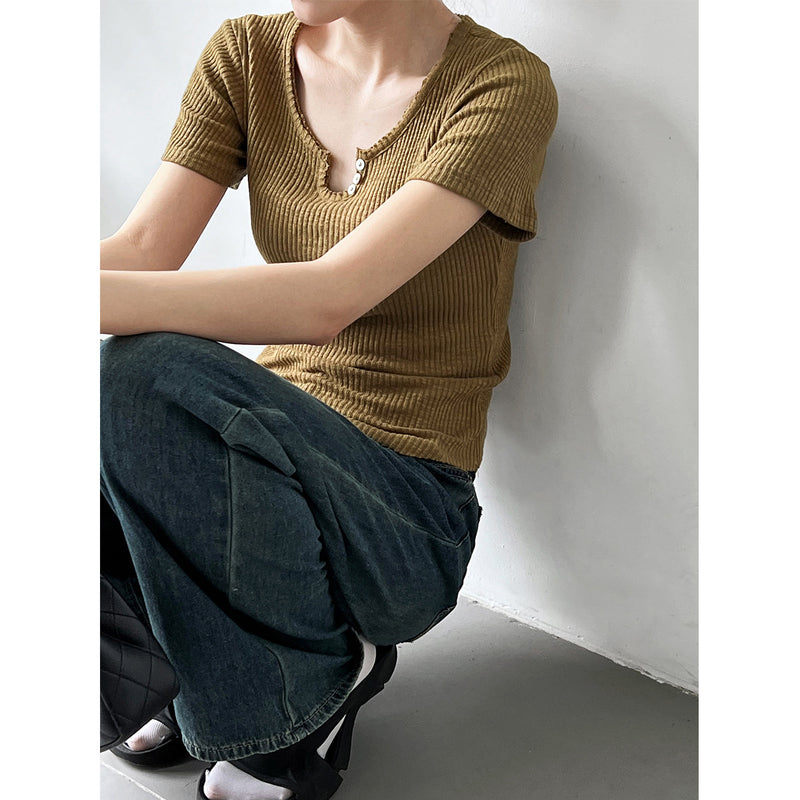 Women T Shirt Retro Short Sleeve T-shirt Women's Summer Button V-neck Bottoming Shirt