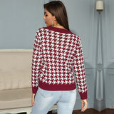 Women Knitted Sweater Long Sleeve Houndstooth Jacquard V-neck Bottoming Knitted Sweater Female Autumn