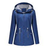 Women's Trench Coat Long-Sleeved Waterproof Mid-Length Trench Coat Women's Hooded Striped Raincoat