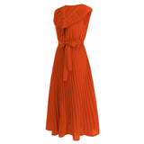 Women Date Dress Chiffon Pleated Dress Slim Fit Elegant Solid Color V-neck Dress