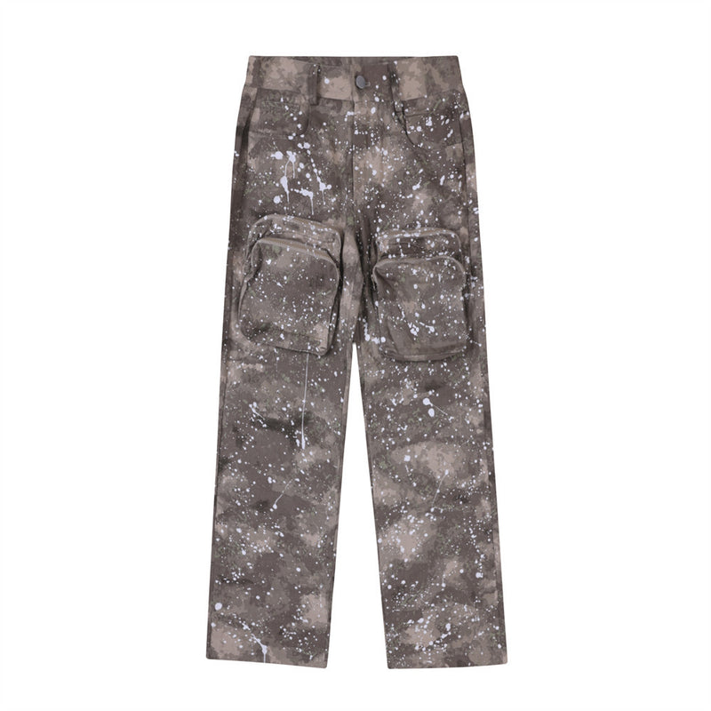 Men Sweatpants Exercise Camouflage Overalls Zipper Three-Dimensional Pocket Splash Straight-Leg Trousers